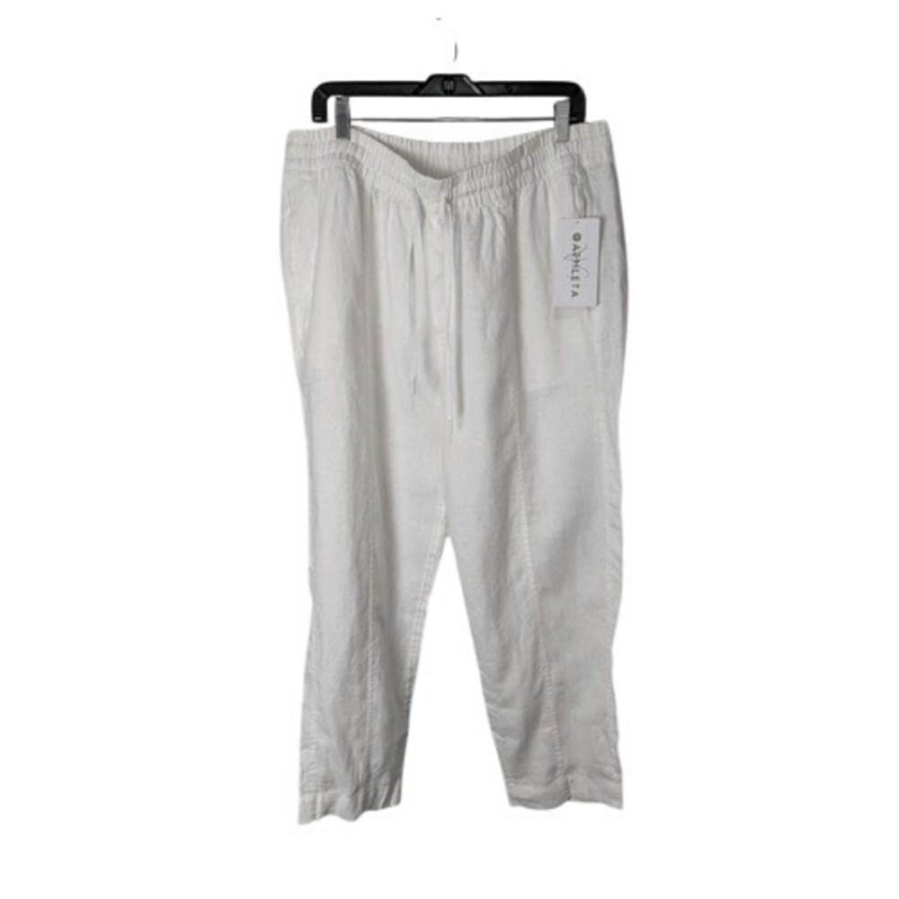 Athleta White 100% Linen Pants Womens XL NWT Elastic Waist Drawstring Zip Pocket